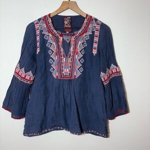 Johnny Was Shirt Womens Small Blue JWLA Tunic Embroidered Boho Top Bell Sleeve